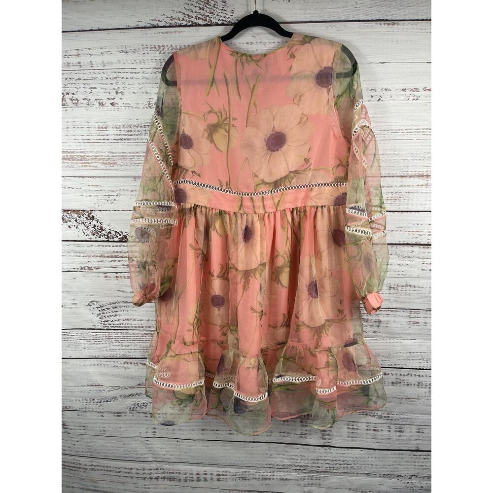 Cynthia Rowley Dress Womens XS Pink Floral Sheer Chiffon Ruffle Boho Long Sleeve - Picture 7 of 9